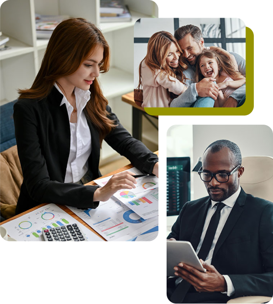 Three images of working individuals and a hugging family